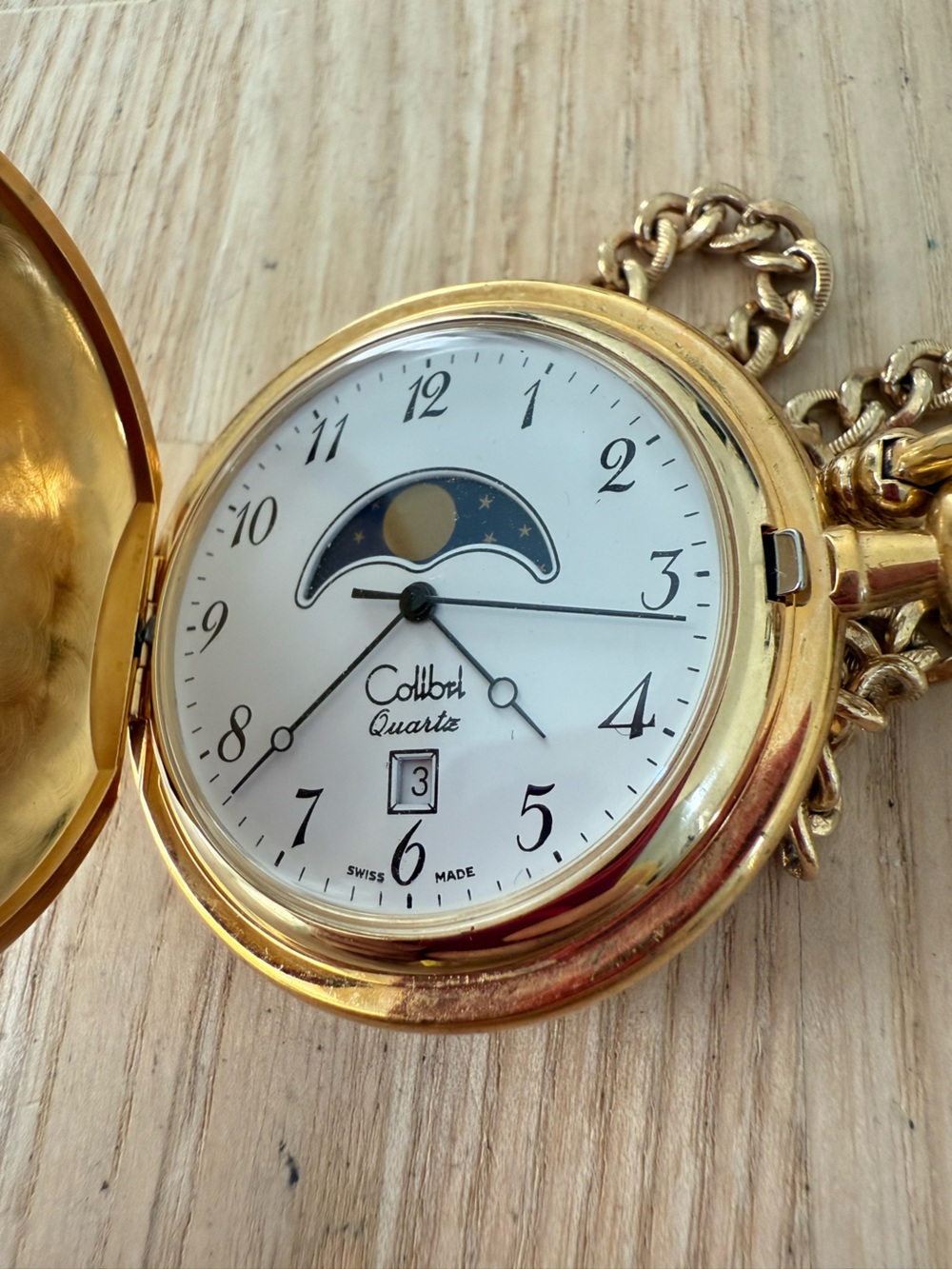 Colibri mens gold tone sun moon phase Swiss pocket watch NEW BATTERY